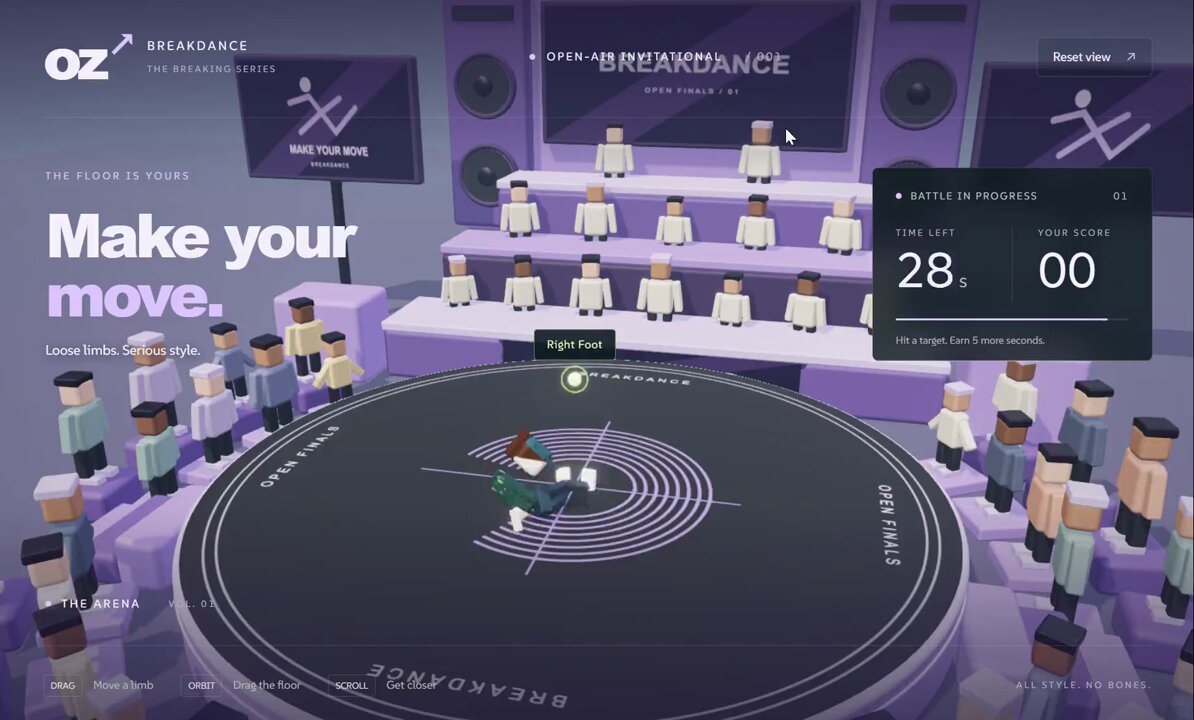 A ragdoll dancer aiming for a foot target in the timed breakdance arena.