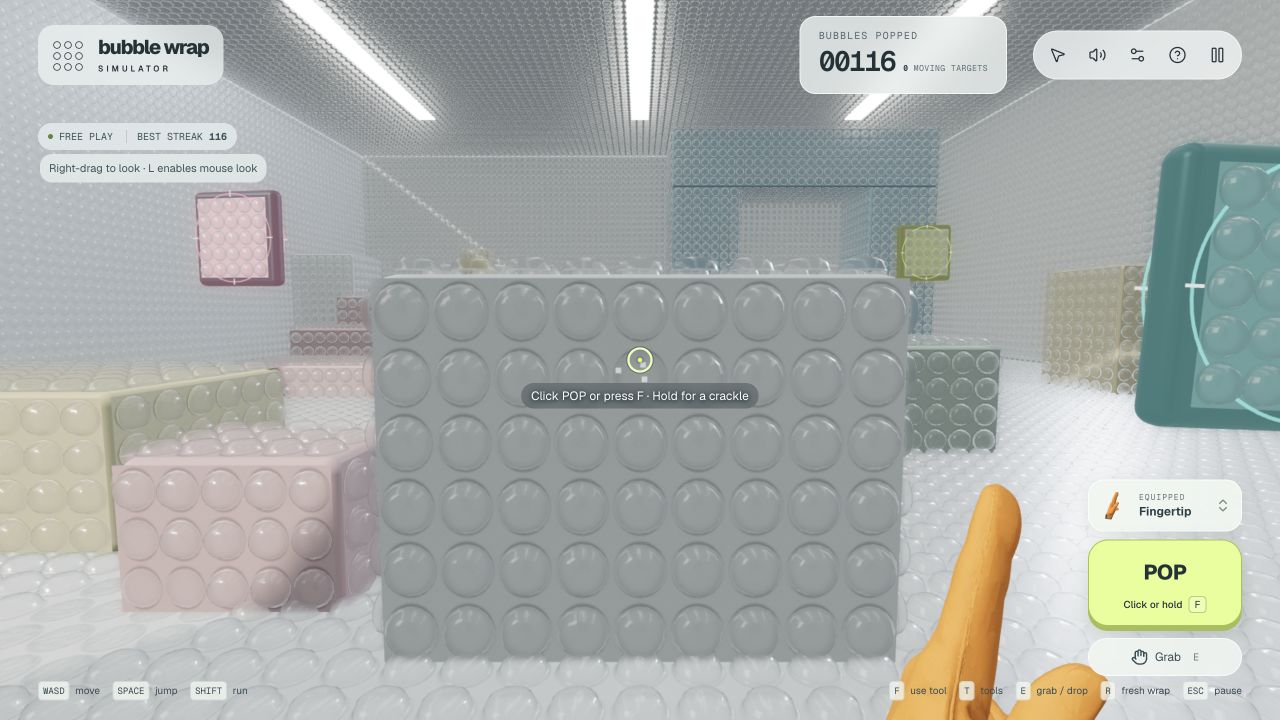 Bubble-wrap room with popped surfaces, fingertip tool and bubble counter.
