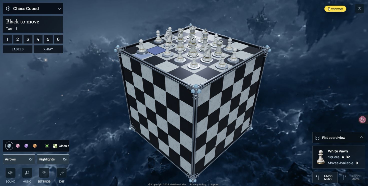 The six-sided chess board in Silver Court after a white pawn move, with turn and view controls.