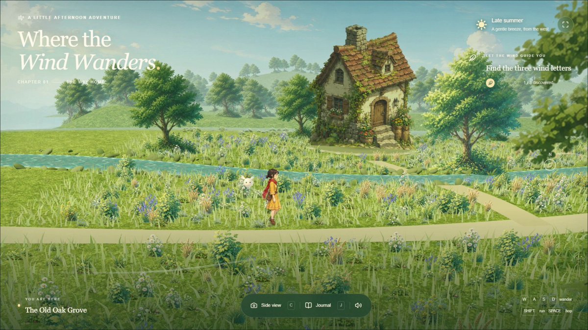 A character exploring the flower-filled valley with the wind-letter objective visible.