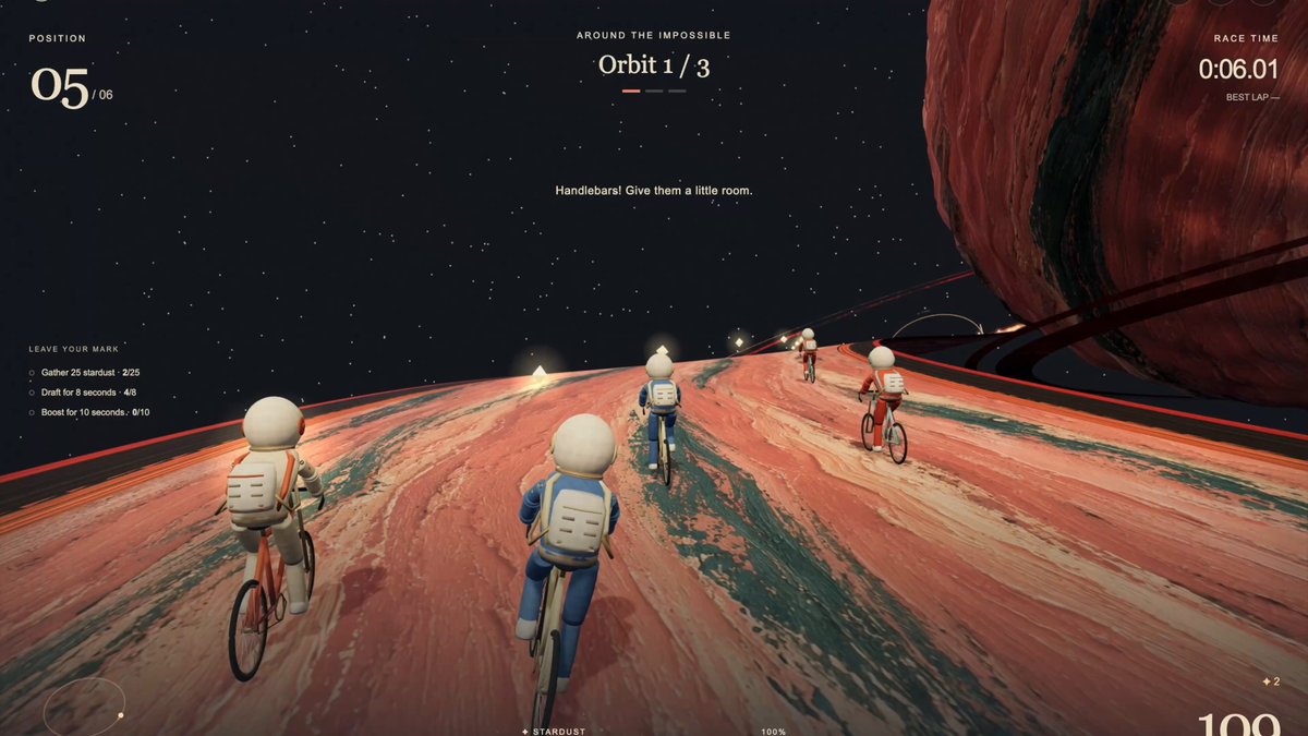 Astronaut cyclists racing along a planetary ring with lap, position and stardust indicators.