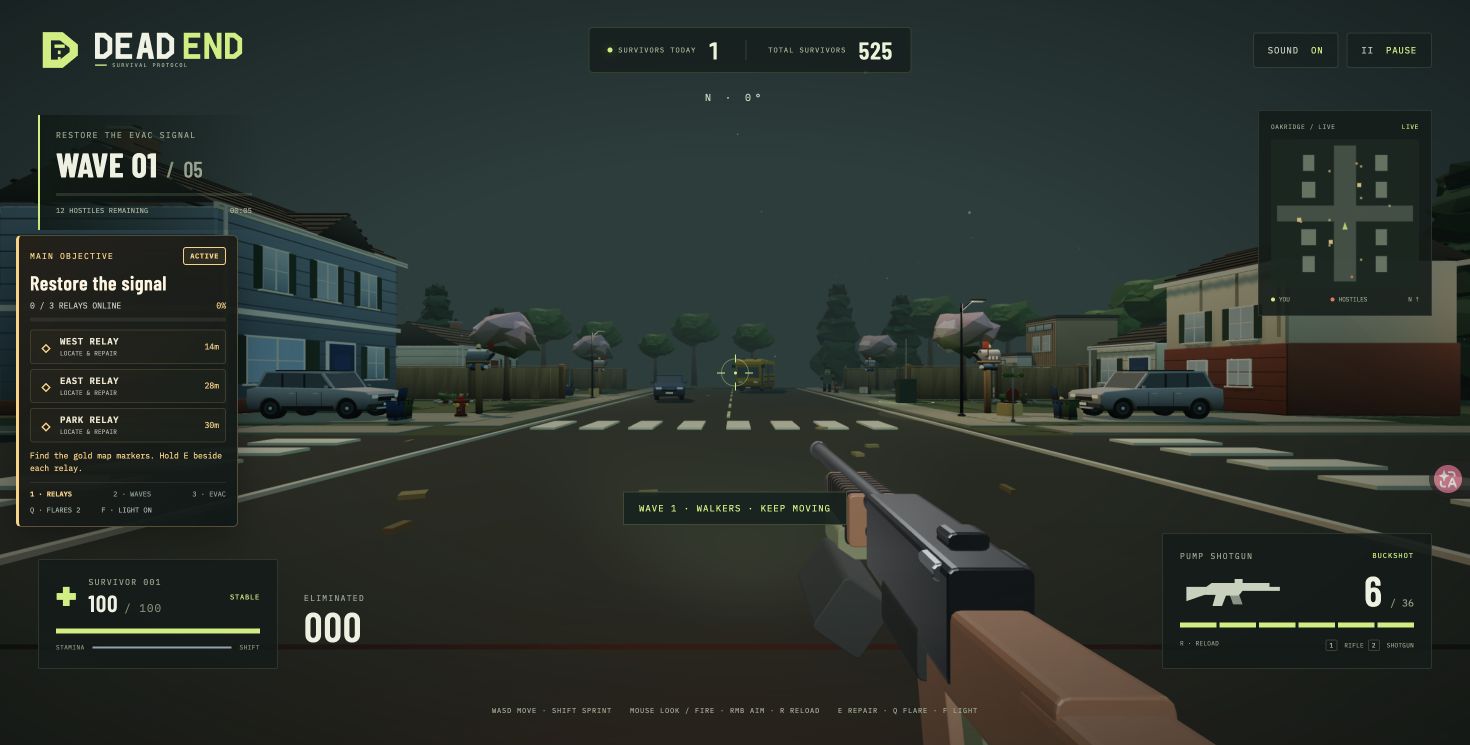 Oakridge 3D wave 1 with shotgun selected, two flares remaining and the three-relay objective.