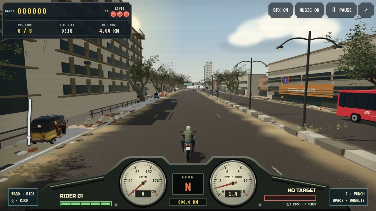 A Chennai motorcycle race with the player rider, city traffic, minimap, position and race timer.