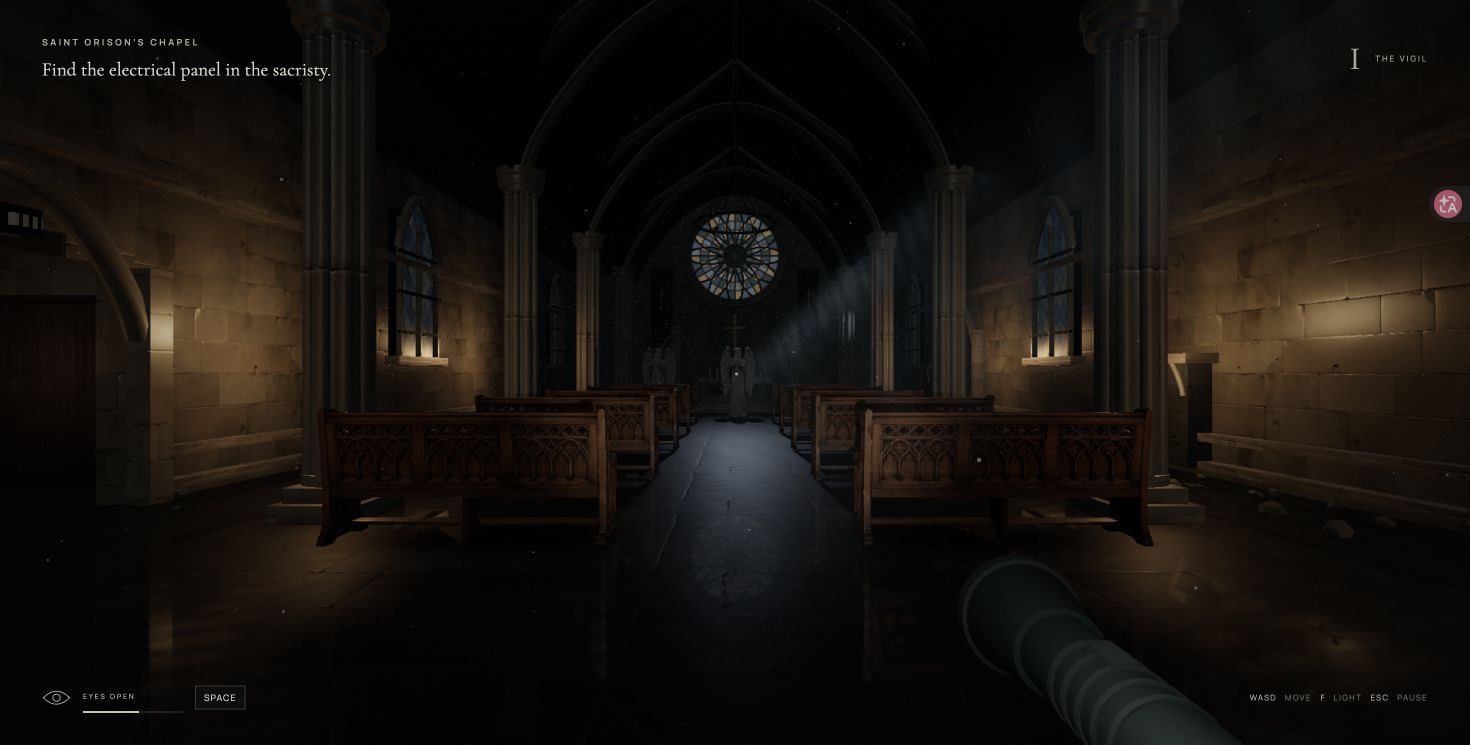 Saint Orison's chapel aisle, stone angels, flashlight and electrical-panel objective.
