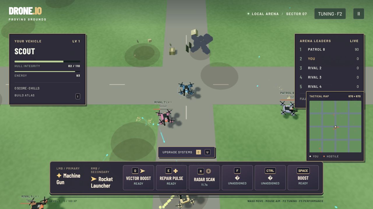 Drone arena with nearby enemies, radar cooldown and hull HUD.