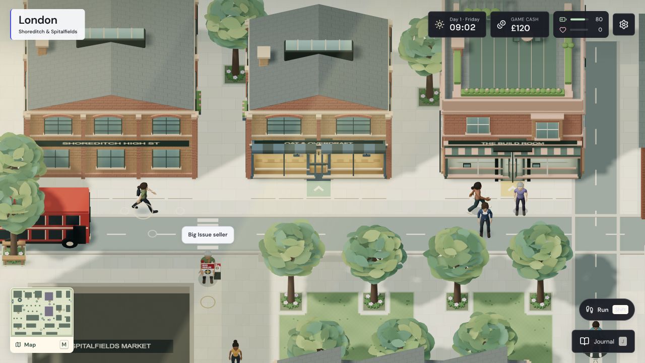London neighborhood scene with pedestrians, game budget and daily energy.