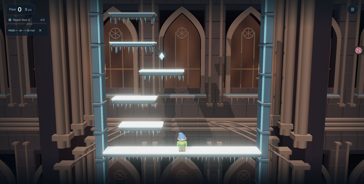 Frostbound's starting ice platforms, climber, floor counter and climb goal.