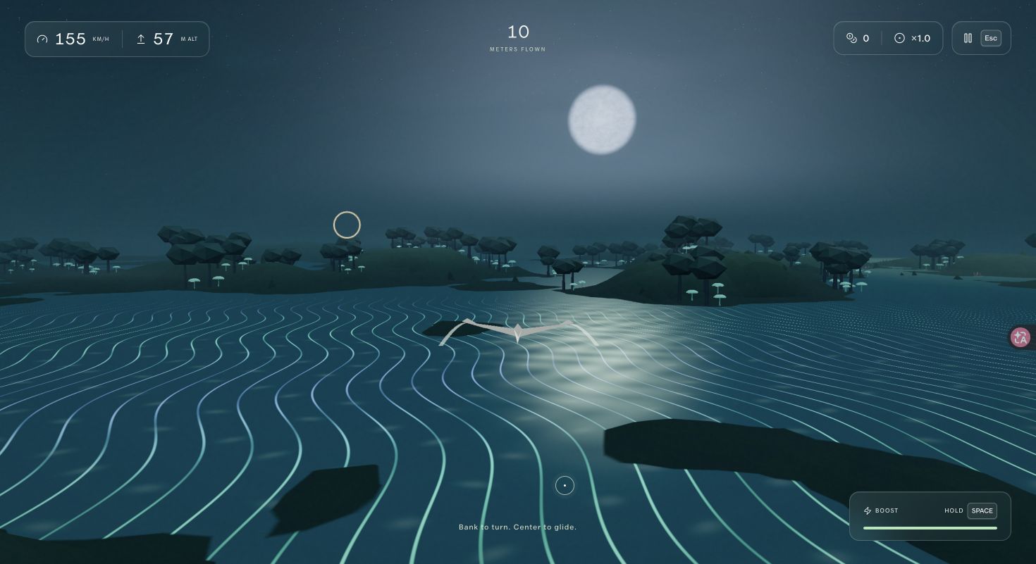 A paper plane flying above moonlit water, with speed, altitude, distance and boost instruments.