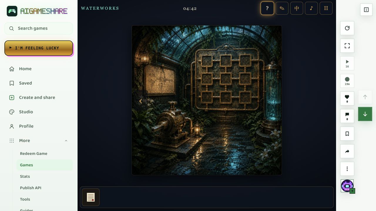 The Waterworks room of the greenhouse escape game, with a nine-tile pipe apparatus, timer and inventory.