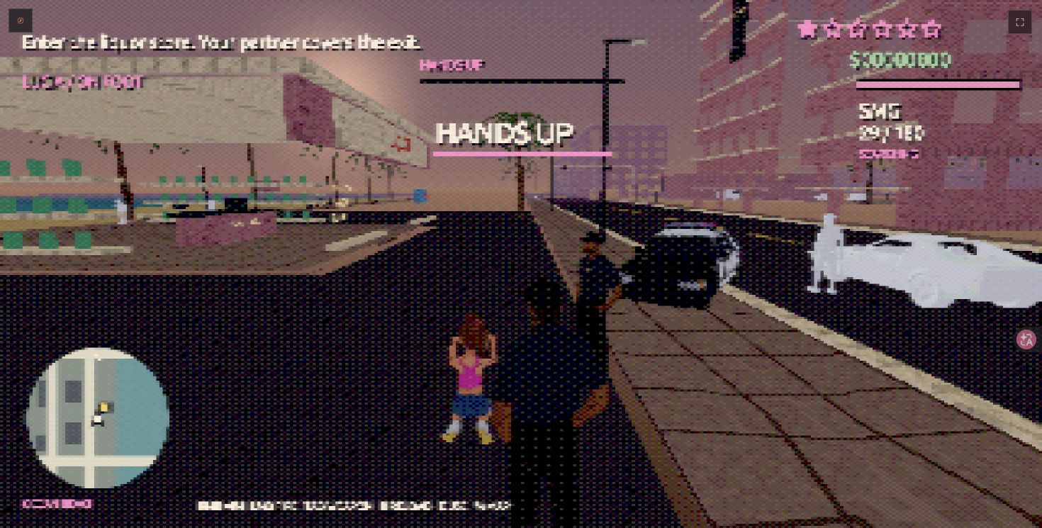 Lucia in the playable Vice City street with SMG, police and a one-star wanted indicator.
