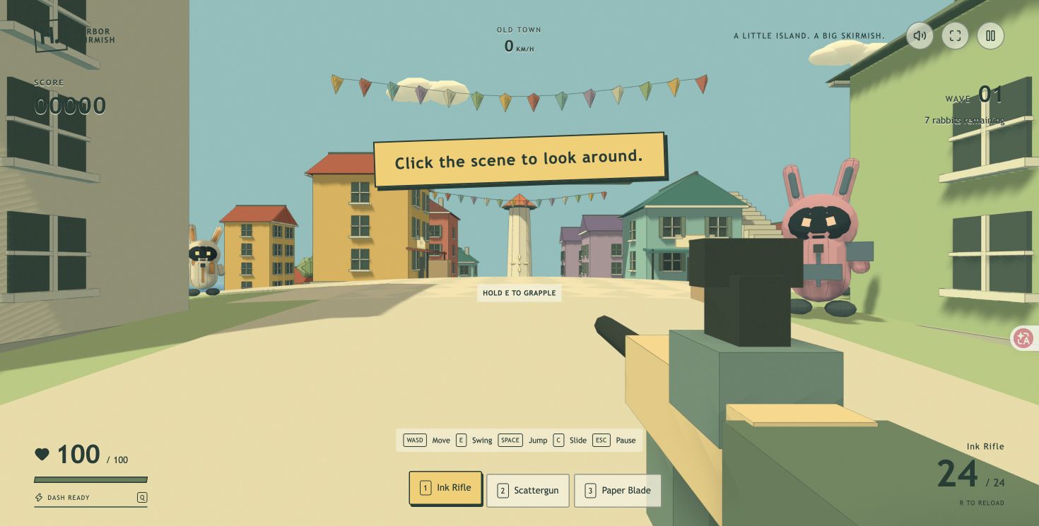 A first-person rifle view of Seabreeze town, approaching rabbits, wave counter and weapon controls.