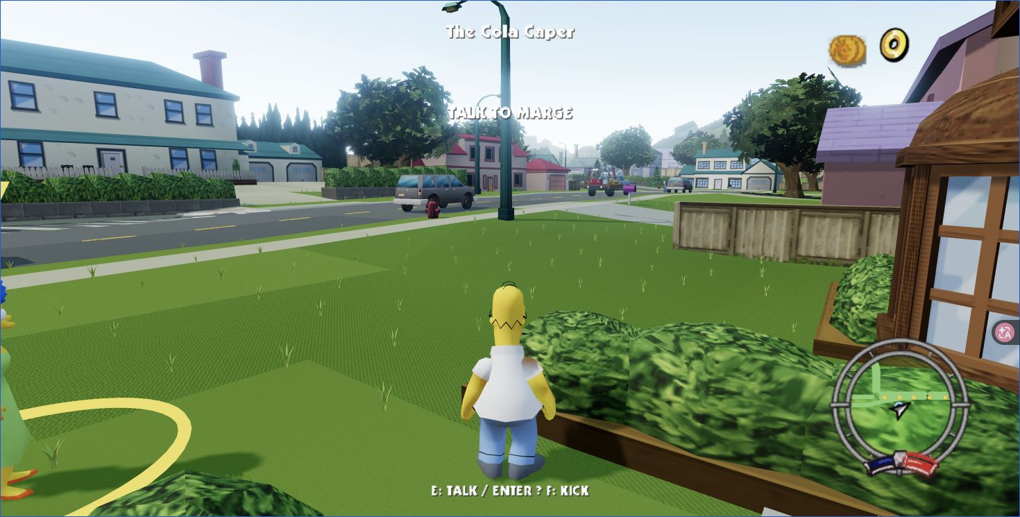 Homer in Springfield with the first mission objective and minimap visible.