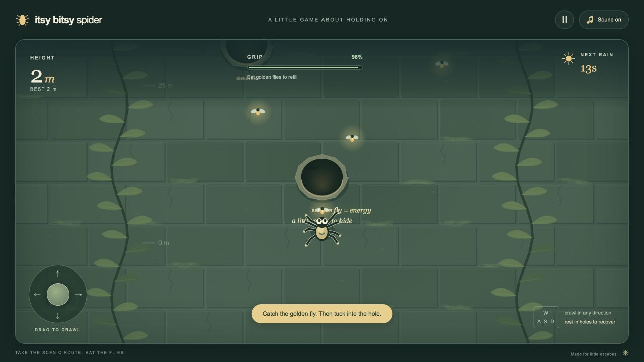A spider climbing a mossy brick wall at 2 metres, with grip, flies, a shelter and the movement joystick.