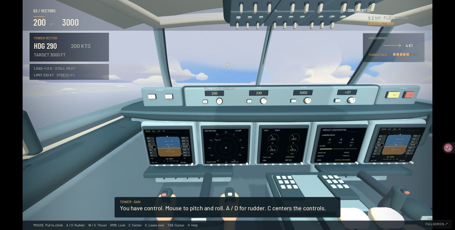 Airliner cockpit under manual control, with tower heading, speed, altitude and crosswind instruments.
