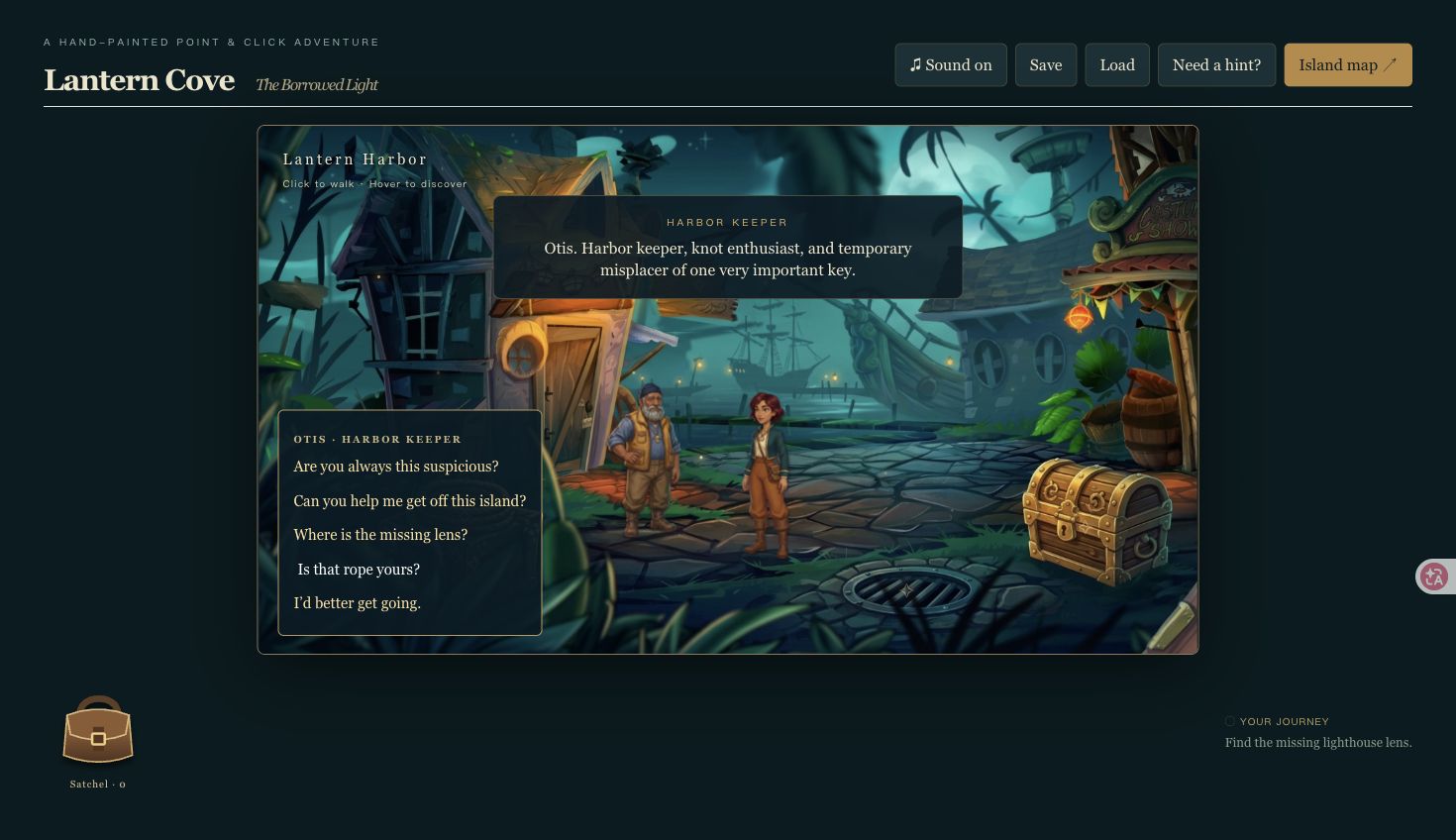 Mara talking to Otis in Lantern Harbor, with branching dialogue, the rope and locked chest visible.