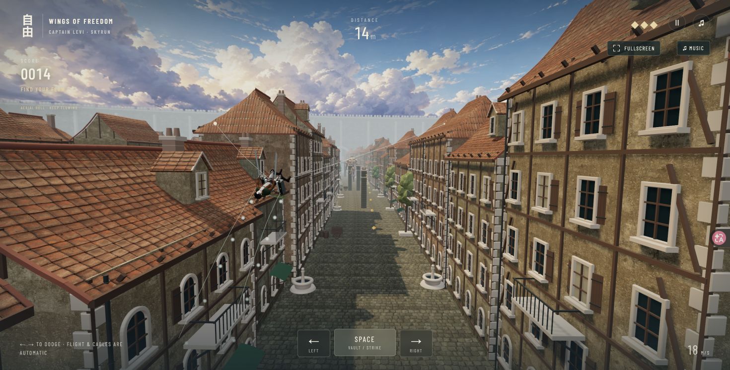 Levi performs an aerial roll above the wall district's rooftops, with distance, score and three action buttons.