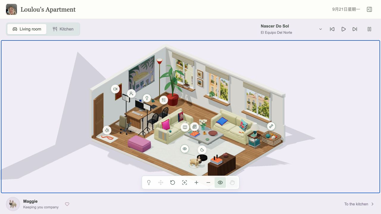 Isometric furnished apartment with Maggie and interactive object markers.