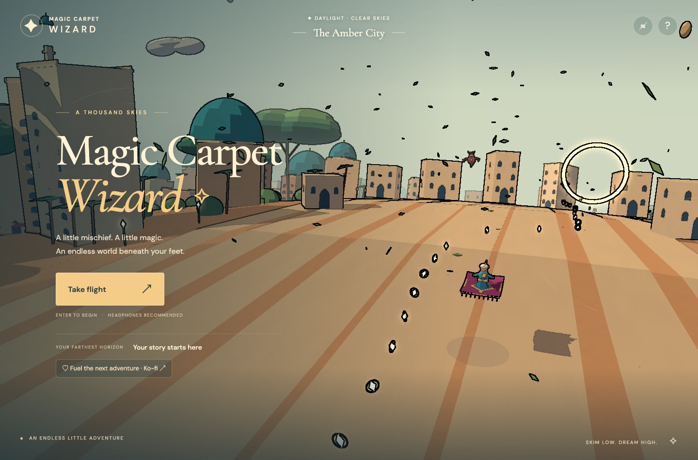 Magic Carpet Wizard start screen showing the carpet rider, city and glowing flight ring.
