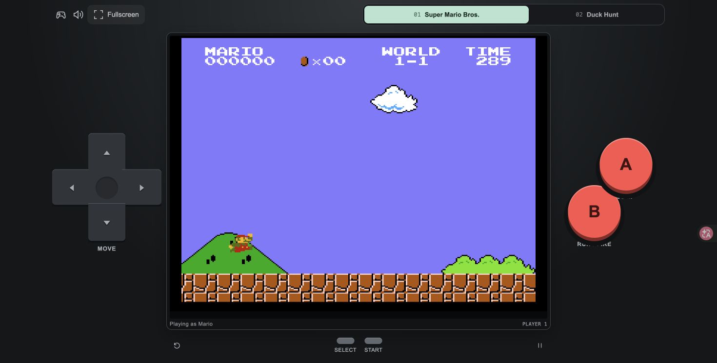 Mario airborne in World 1-1 with the browser port's virtual D-pad and jump controls.