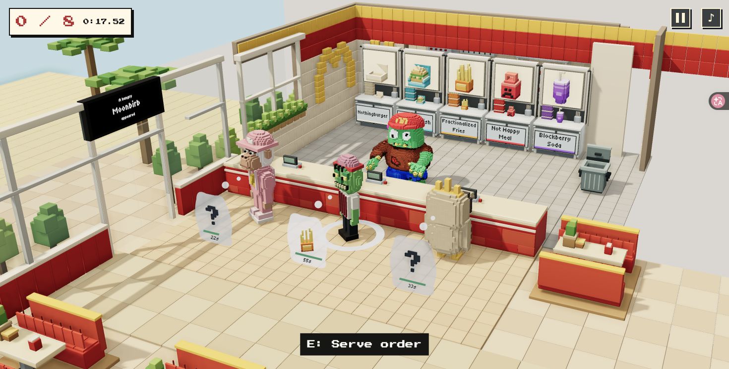 Kevin's voxel restaurant with three customers and a fries order ticket.