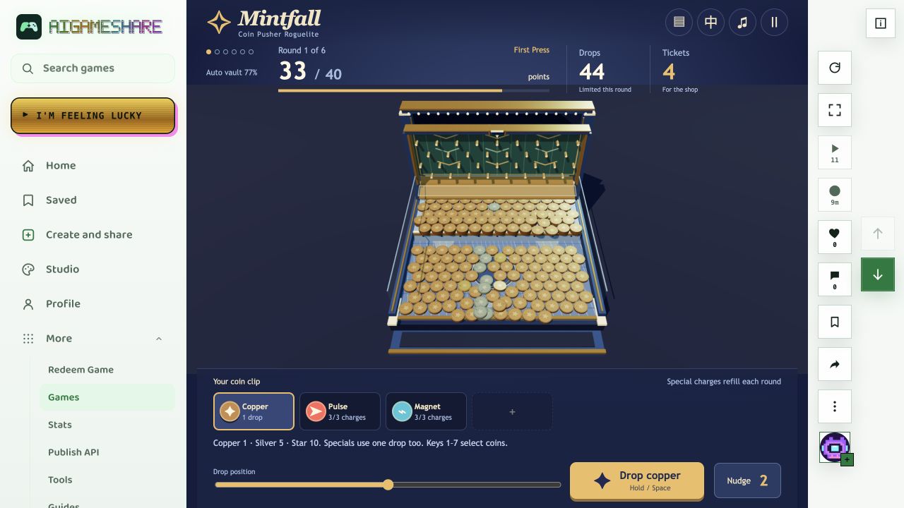 Mintfall's 3D coin tray during round 1, showing 33 points, 44 drops and special-coin controls.