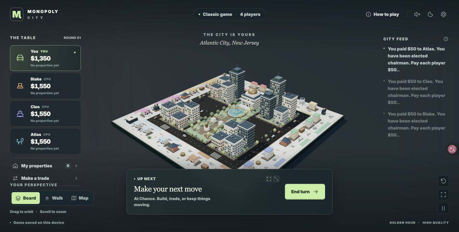 3D city board after a Chance card, showing updated player balances and End turn.