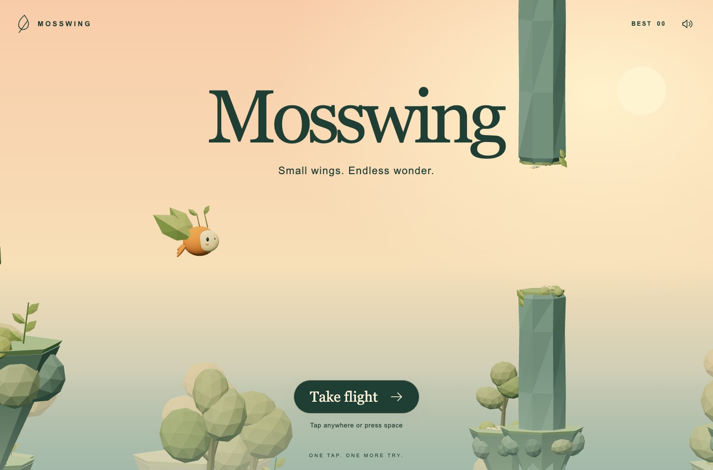 Mosswing start screen showing the flying character and gaps between stone pillars.