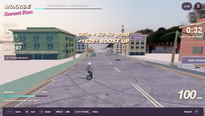 Creator-supplied downhill skating screenshot with trick score and speed HUD.