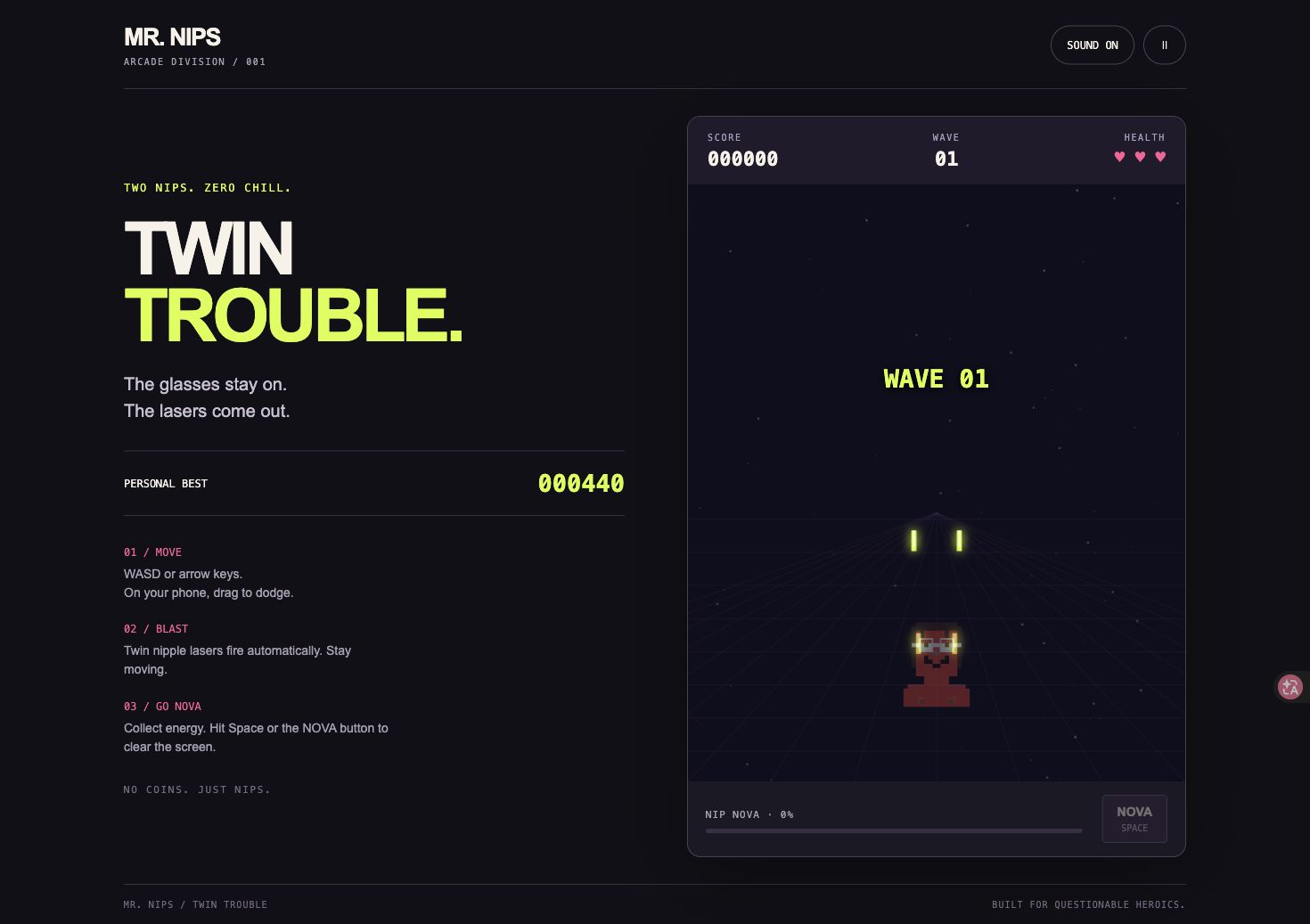 Mr. Nips fires twin lasers in Wave 1, with three hearts and the Nova energy meter.