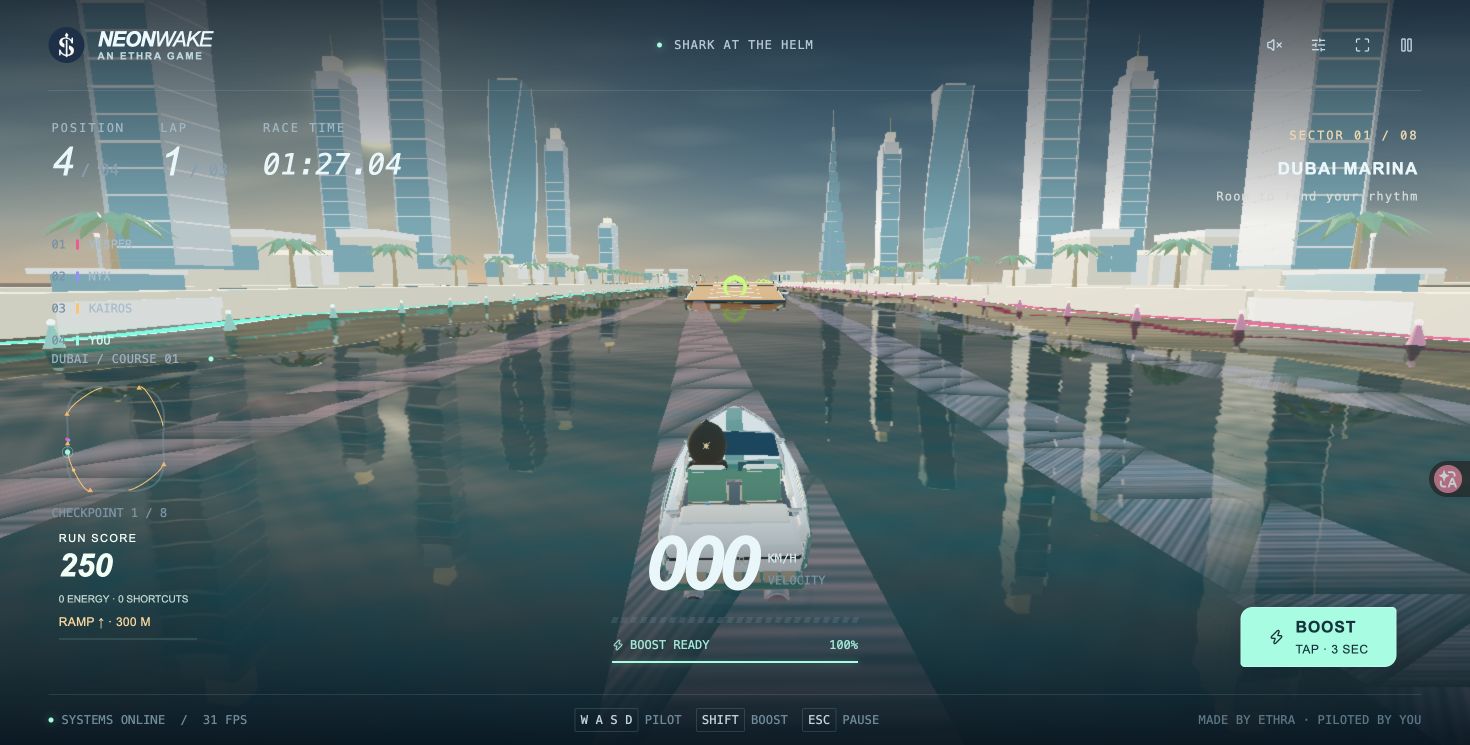 A speedboat on Dubai Marina's ocean circuit with lap, position, checkpoint and boost controls.
