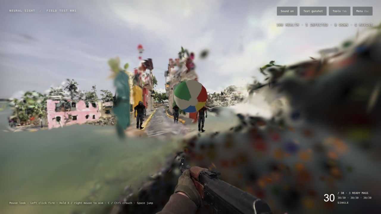 San Juan splat scene with infected characters, a thrown ball and first-person weapon.