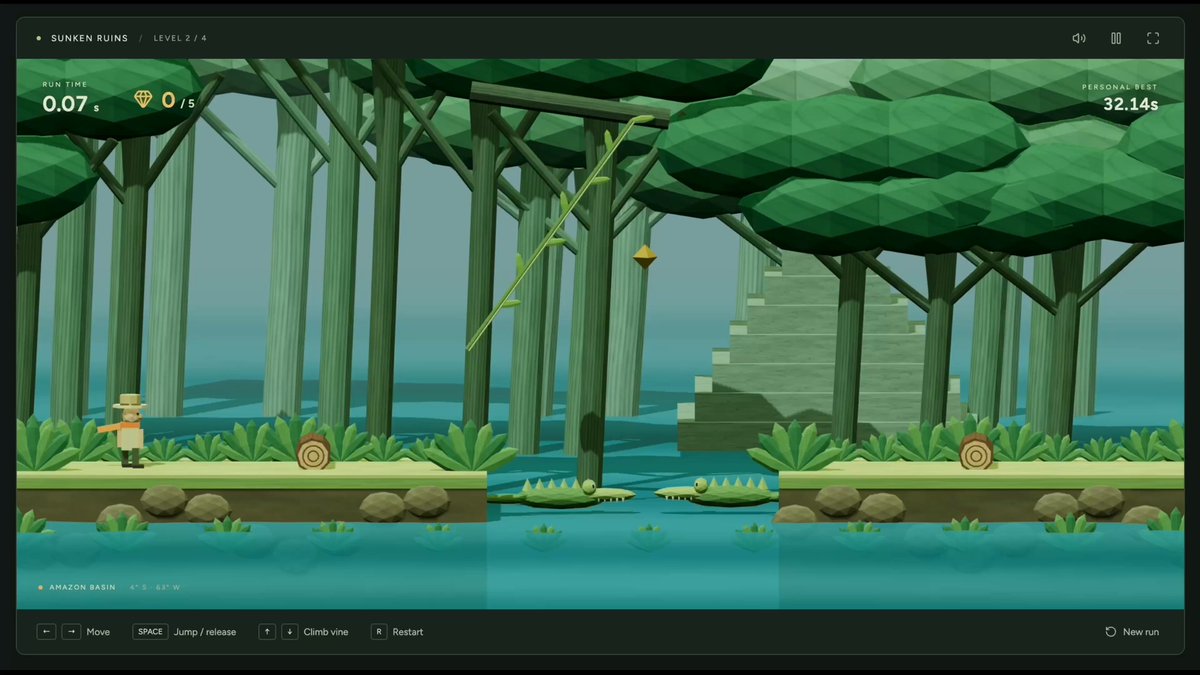 A jungle platforming level with hanging vines, treasures, pits and crocodiles.