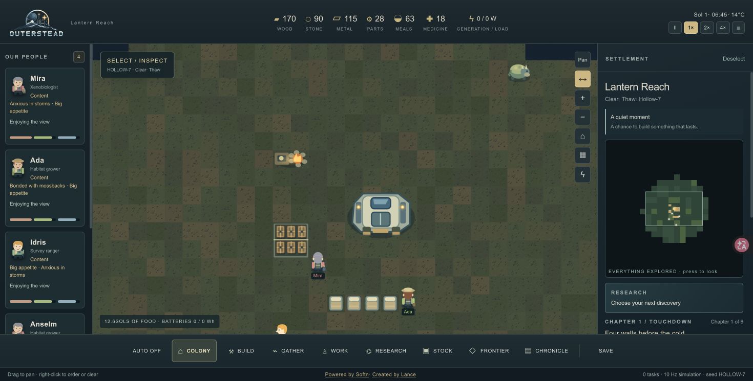 Four settlers and a landed lifeboat at Lantern Reach, with resources, work status and the settlement map.