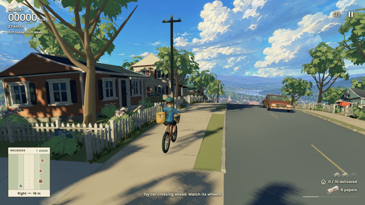 Cyclist on the suburban route with nine papers, delivery radar and route HUD.