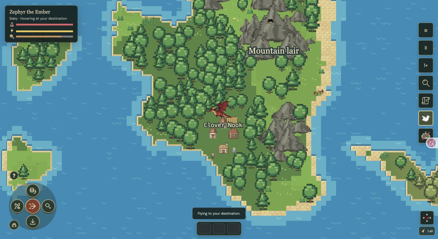 Fire dragon above Clover Nook after flying from its mountain lair, with health, stamina and hunger visible.