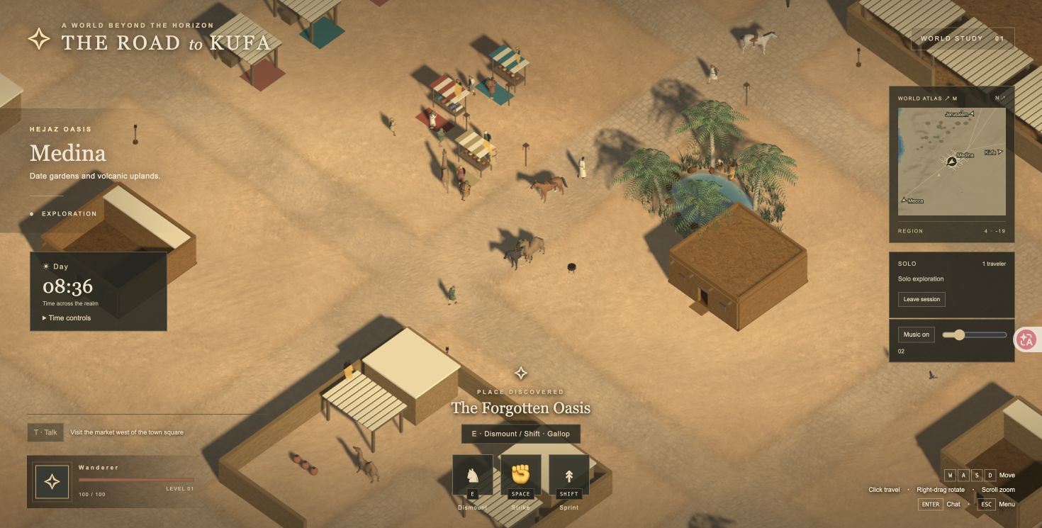 The mounted traveler exploring Medina near an oasis market, with region map, daylight clock and solo-session controls.