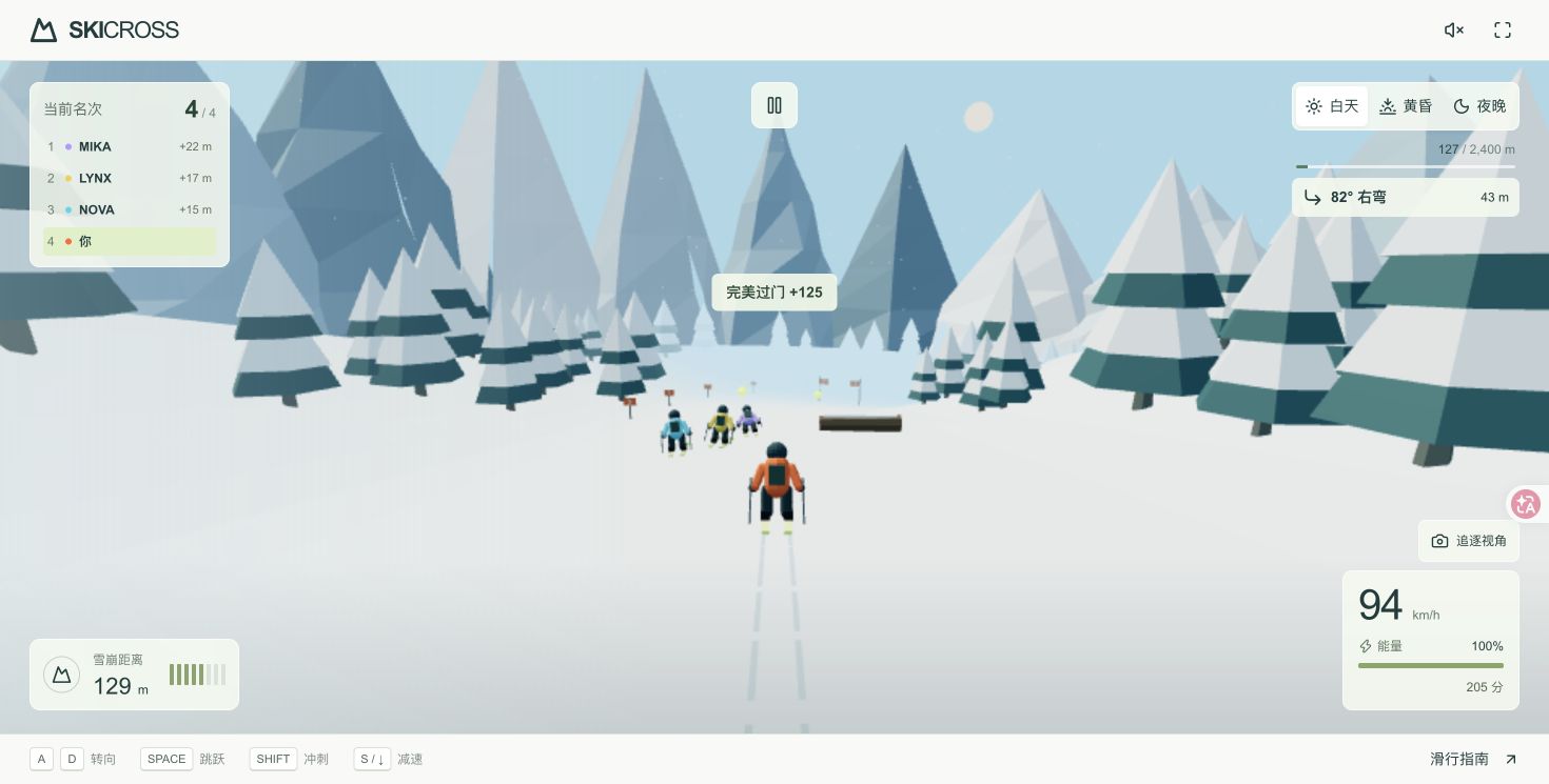 Four skiers on a snowy course with a gate bonus, race ranking, speed and avalanche-distance indicators.
