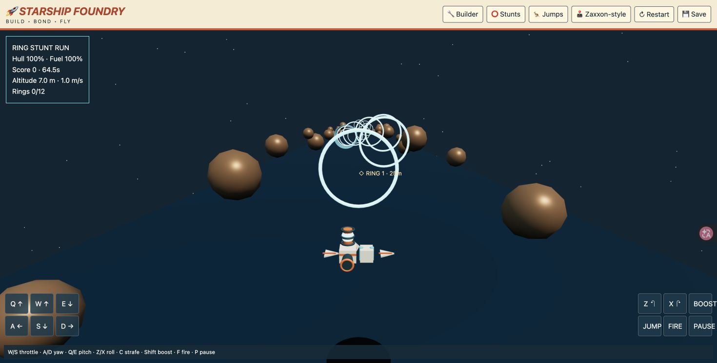 The starter modular ship flying toward a series of rings in the Stunts course.