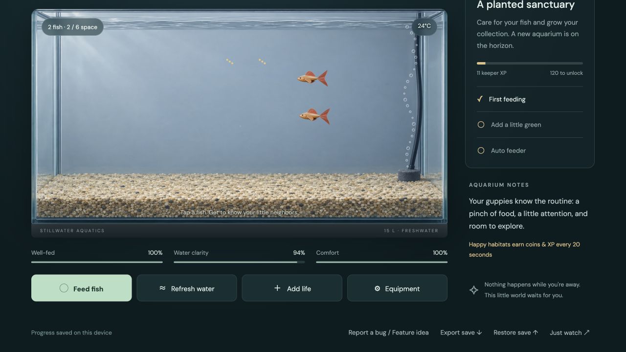 Two guppies swimming among food particles with first-feeding progress.