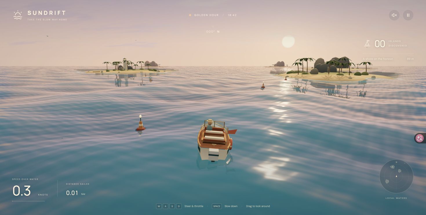 A small motorboat between sunlit islands, with a nearby-water chart and distance sailed.