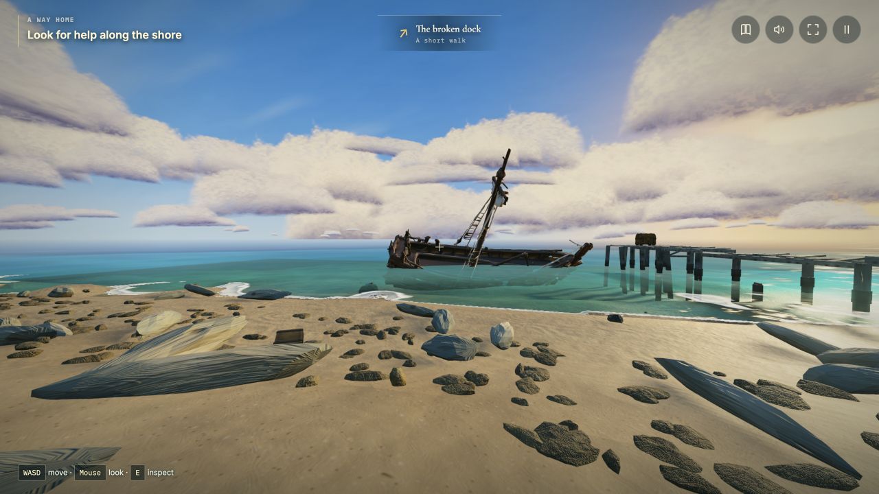 Sunlandia's first-person shore, showing the wreck, broken dock and the objective to look for help.