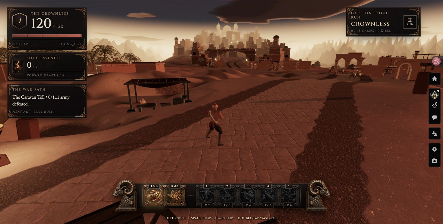 The Crownless at the sandstone citadel entrance with health, camp objective and fighting arts.