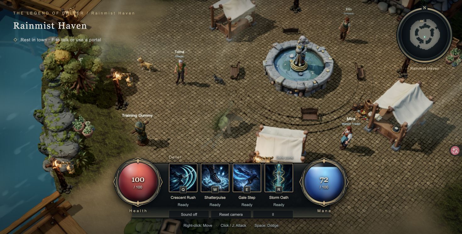 Deller dodging across Rainmist Haven beside a fountain and market stalls, with health, mana and skill controls.