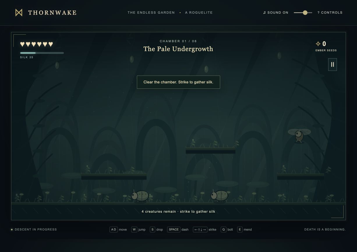 Thornwake's first chamber, The Pale Undergrowth, with insect enemies, platforms, health and silk meters, and keyboard controls. Captured on 2026-09-15.