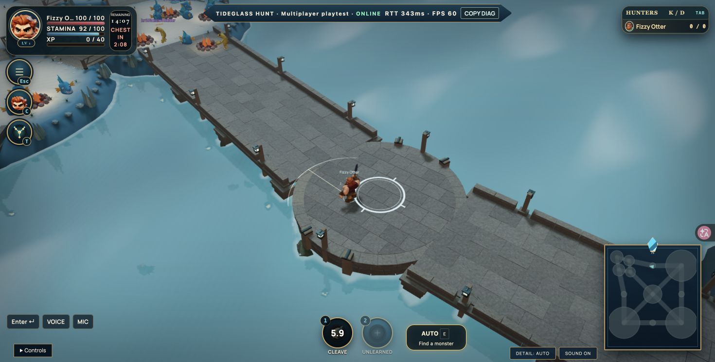 A steel hunter on a coastal causeway after Cleave, with 92 stamina and a skill cooldown.