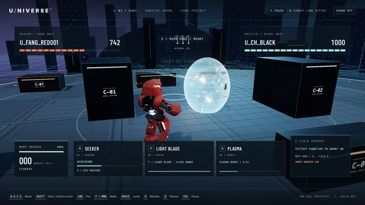 Red Fang facing Black Phantom behind a barrier, with plasma cooldown and armor bars.