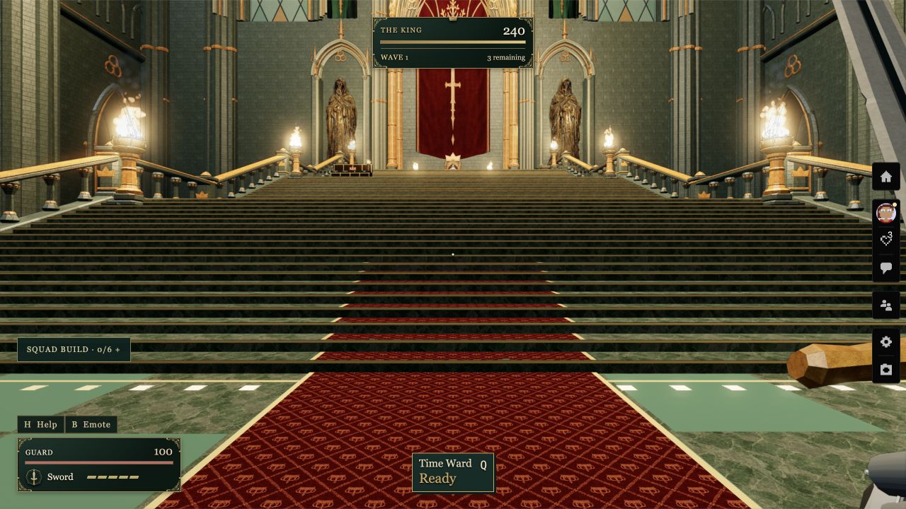 First-person throne hall with sword, king health and wave-one enemy counter.