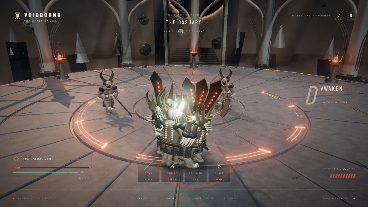 Armored swordsman facing demons in the Ossuary, with health, essence and wave HUD.