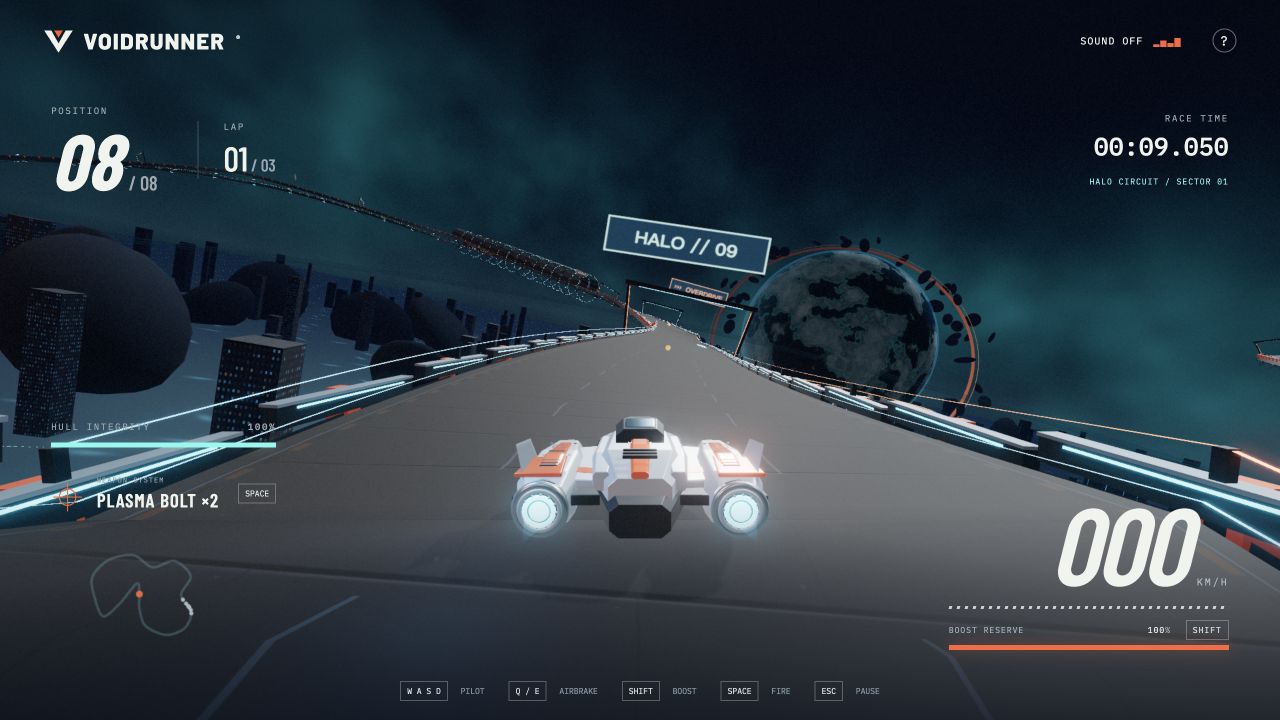 Wraith on the neon circuit with lap, position, hull and plasma inventory HUD.