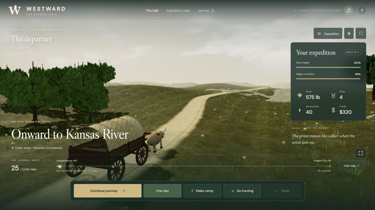 A wagon and oxen on the road to Kansas River, with 25 miles travelled and the expedition supply panel.